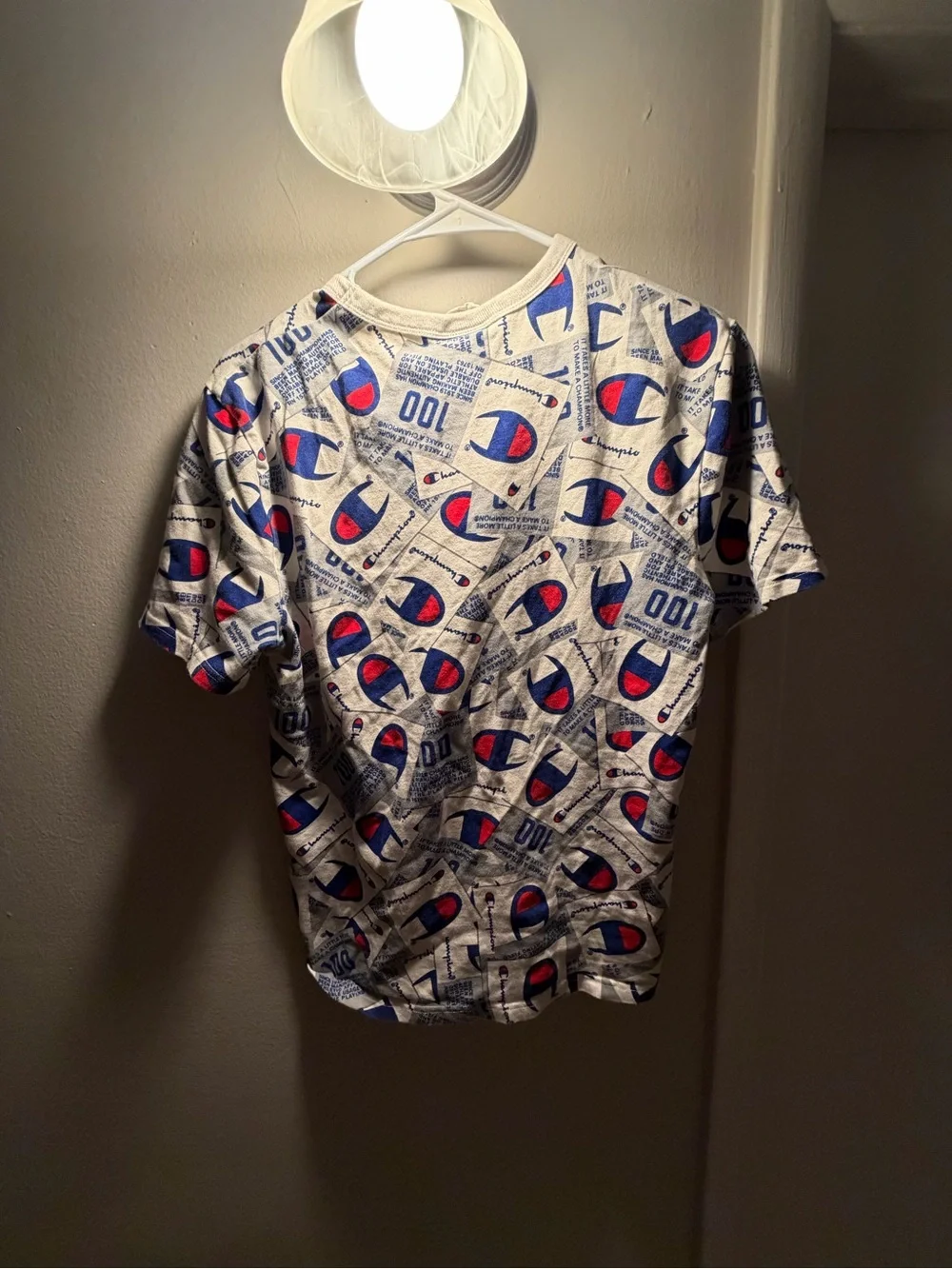 Champion Allover 100- White Graphic Logo Tee - Red & Blue Print - Picture 2 of 2
